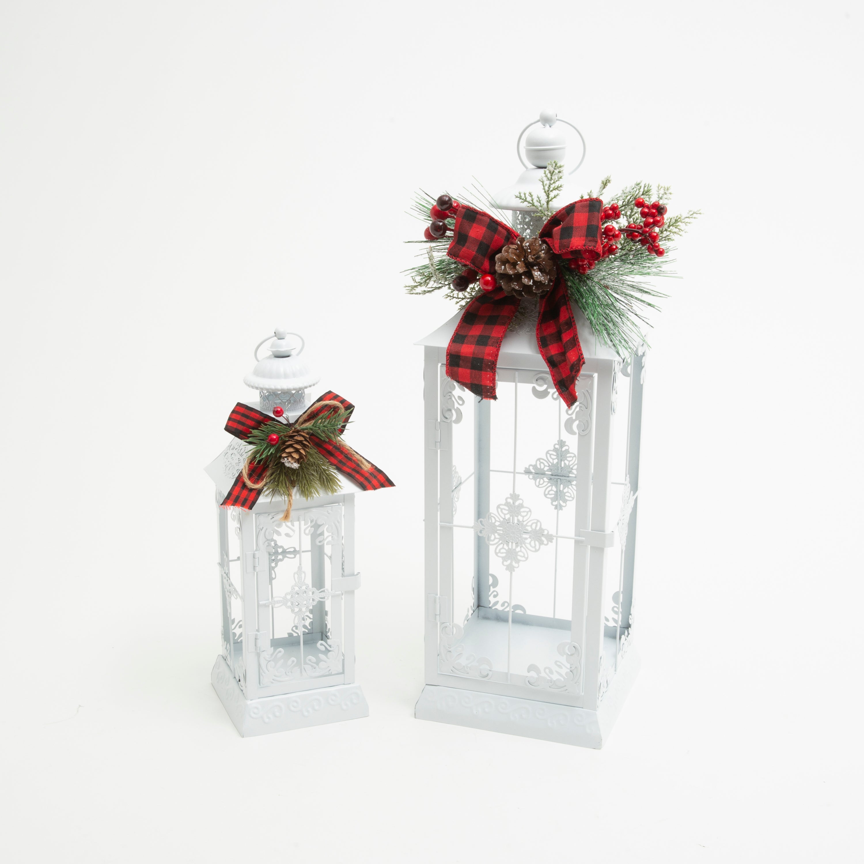 Whimsical Metal Holiday Lanterns with Floral Accent, Set of 2
